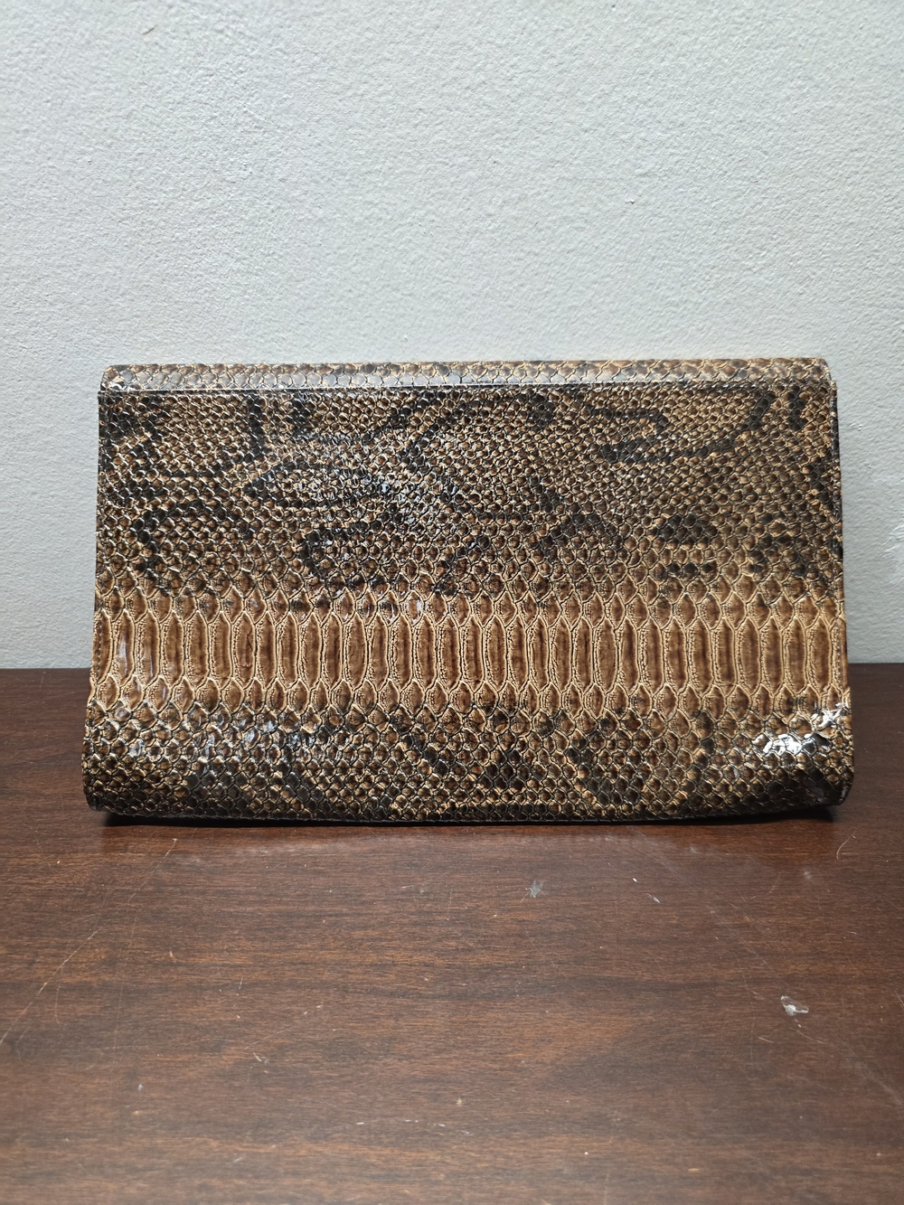 Python-Embossed Envelope Clutch in Tan - Picture 2 of 6
